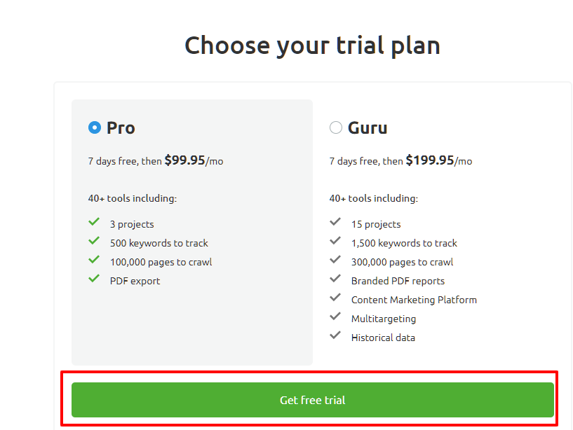 Choose your trial plan